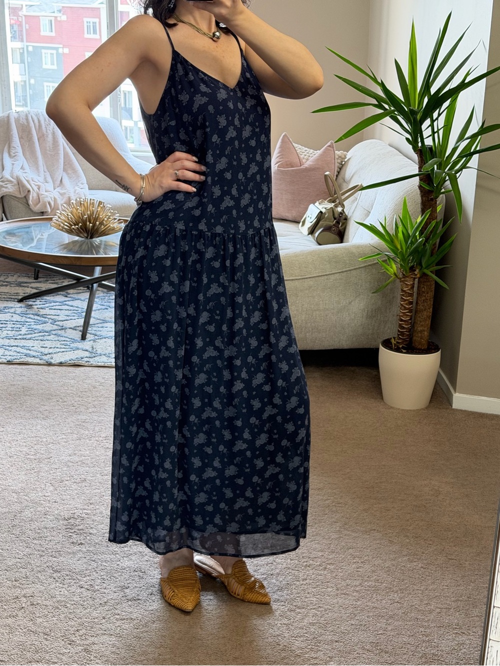 Vince Calico Floral Navy Silk Slip Dress Size L